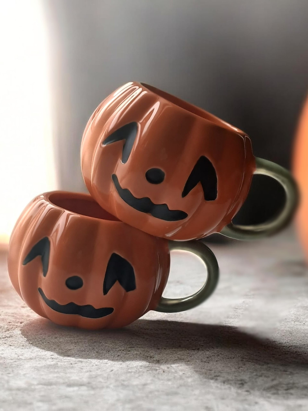 Festive Orange Pumpkin Ceramic Mug with Green Handle - Halloween Table Accent
